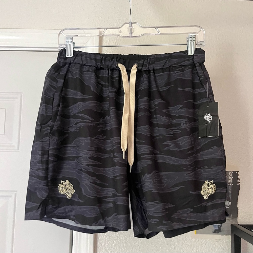 DARC SPORT black dark grey camo athletic final drop elastic waist shorts